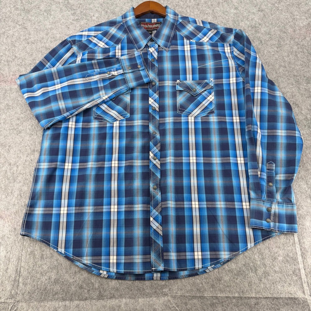 Rock and Roll Cowboy Mens Blue Plaid Western Pearl Snap Shirt XXL Long Sleeve
